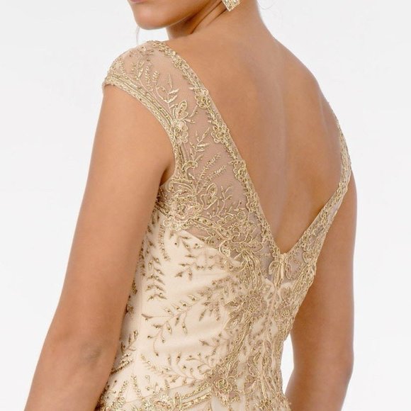 GLS Collective Dresses & Skirts - CHAMPAGNE Mother of Bride Embroidered Bodice V-Neck Long Dress w/ V-Back GL1826